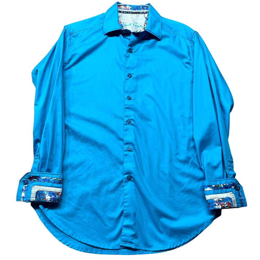 Robert Graham Long Sleeve Shirt Mens S Flip Cuff Blue Solid Floral Trim